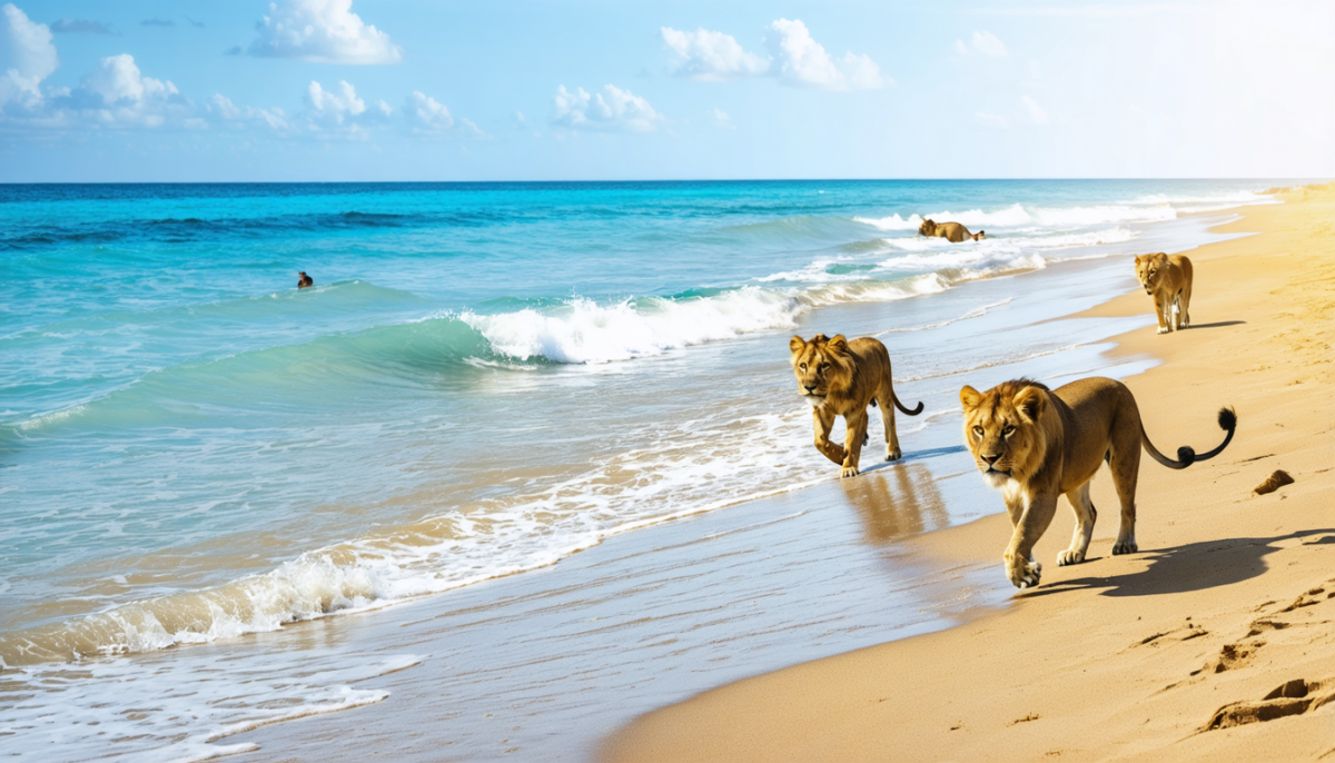 explorez le seul pays au monde où les lions se promènent librement sur les plages, une expérience unique alliant nature sauvage et beauté côtière.